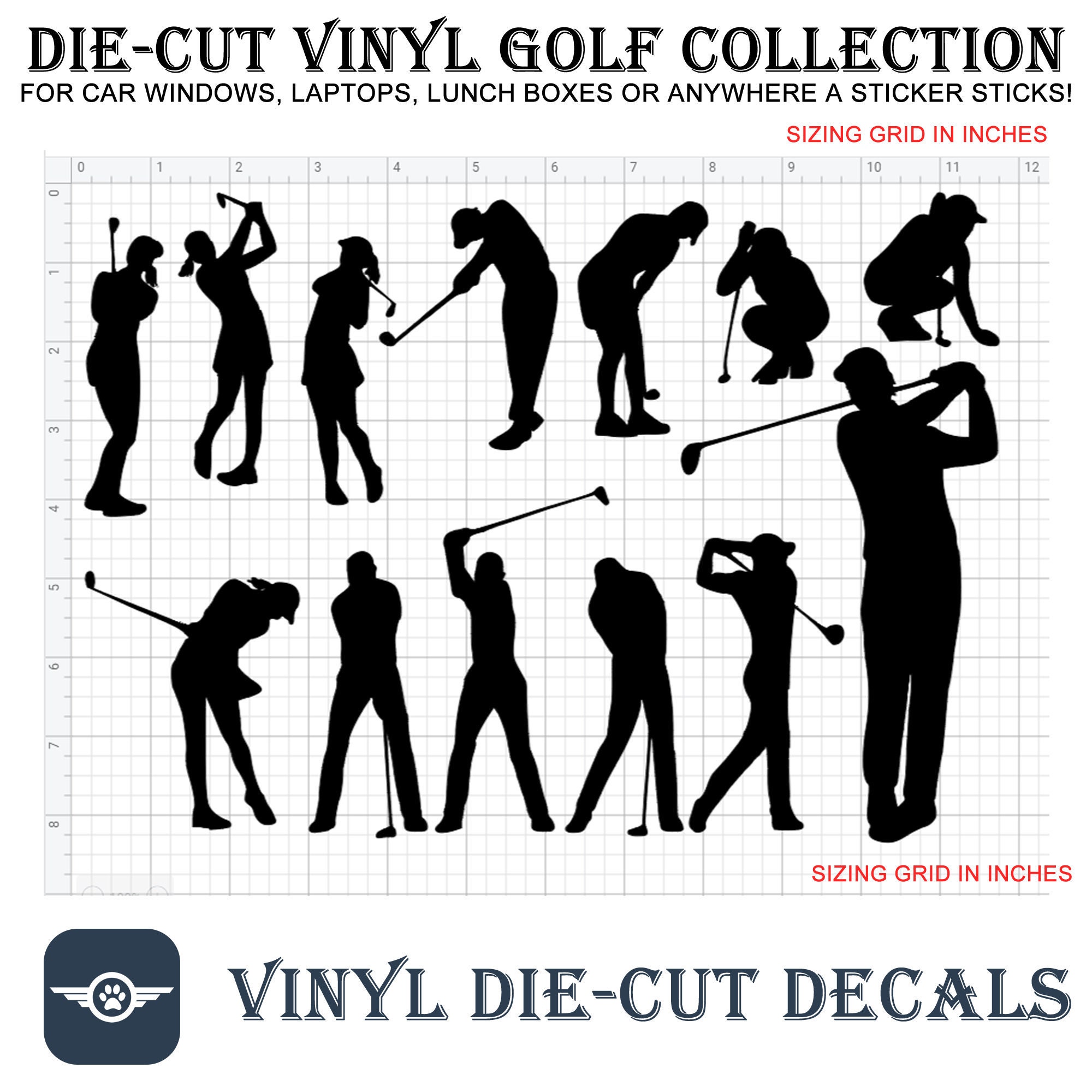 13 Golf Vinyl die-cut decals in different colors even chrome see image for sizing and contact for sizes not shown 13 Golf Vinyl die-cut decals in different colors even chrome see image for sizing and contact for sizes not shown