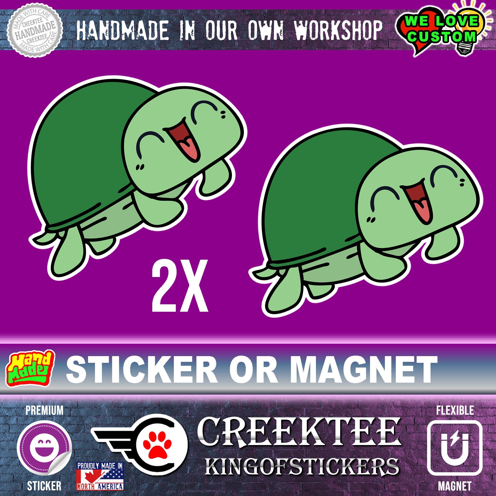 2x smiling turtle Funny Vinyl Sticker or Magnet, Vinyl Sticker, Laminate, UV Laminate and Magnet options up to 9