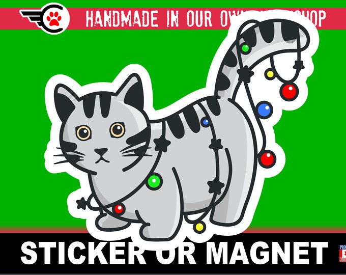 Cute Christmas Cat Die-Cut sticker or magnet in various sizes , 3" to 7" coated with UV Laminate Premium Sticker or Magnet