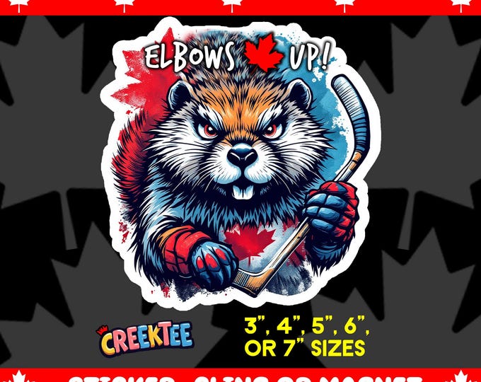Elbows Up! Canadian Angry Beaver On Angry Moose Bumper Sticker, Magnet, Vinyl Sticker or Window Cling, UV Laminate, laptop, water bottle