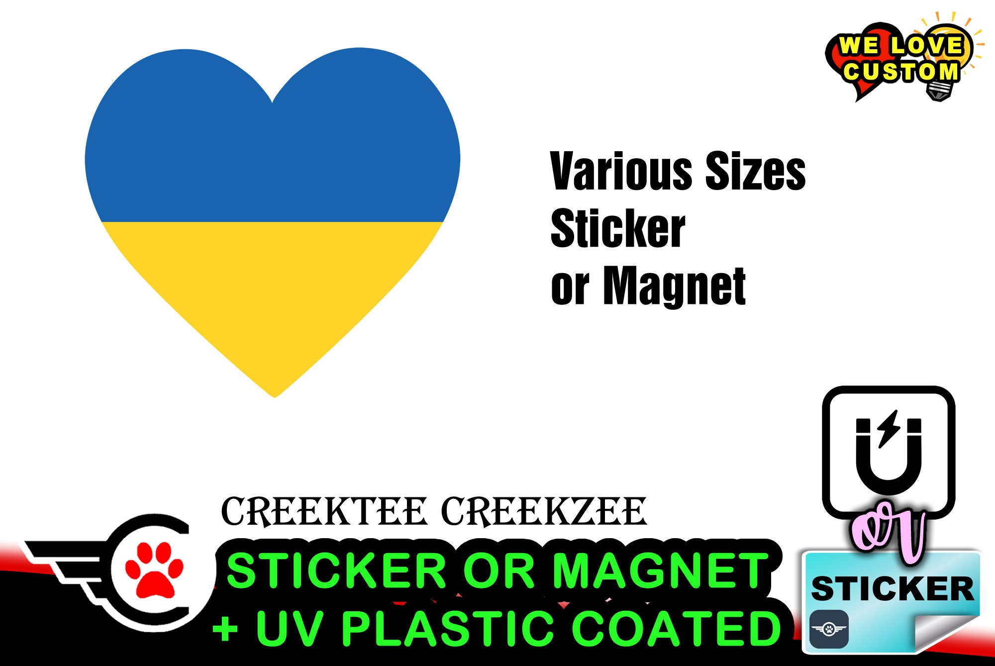 10X Ukraine Heart Sticker or Magnet Premium 20mil magnet or Vinyl Sticker in UV 4.7ml Laminate Coating in various sizes
