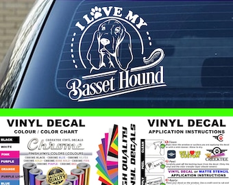 I Love My Basset Hound Dog Vinyl Decal Various Sizes and Colors Die Cut Vinyl Decal also in Cool Chrome Colors!