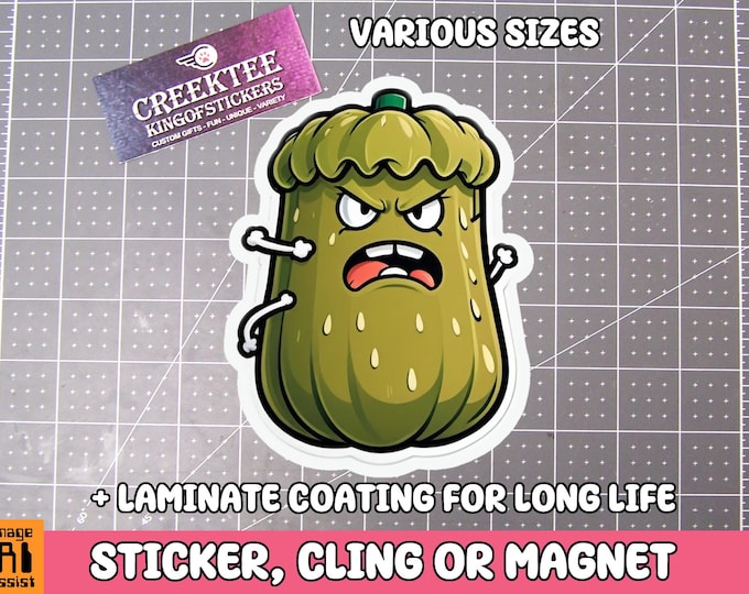 Angry Pickle Sticker, Magnet or Window Cling in Various Sizes