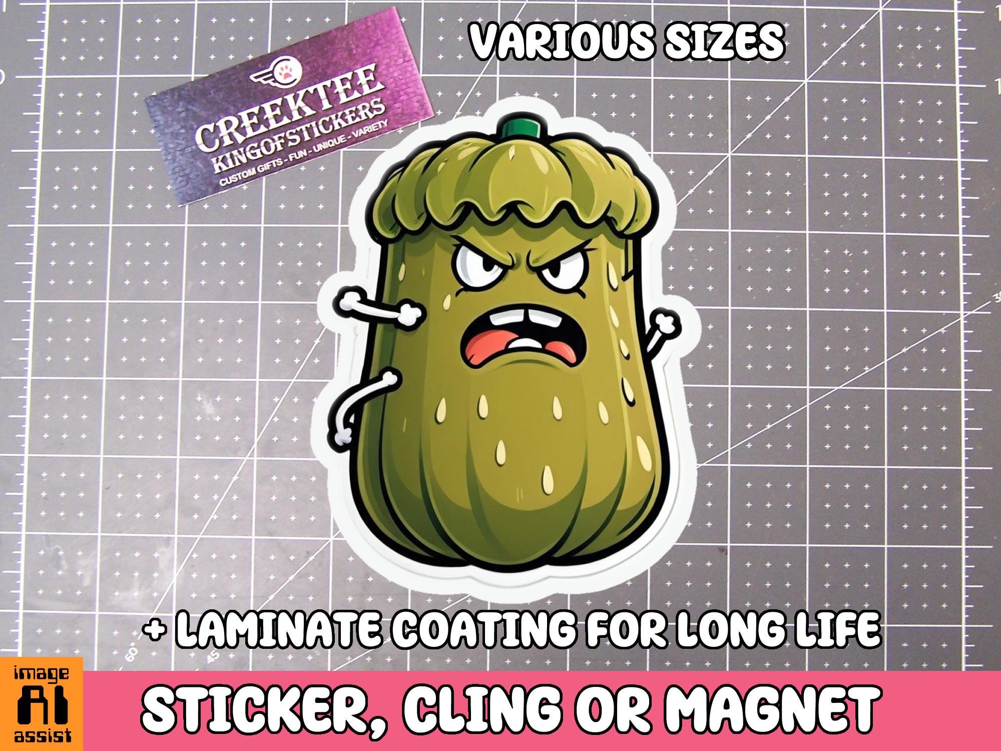 Angry Pickle Sticker, Magnet or Window Cling in Various Sizes
