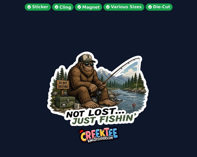 Bigfoot, Sasquatch Fishing Vinyl Sticker, Window Cling or Magnet in UV Laminate Coating