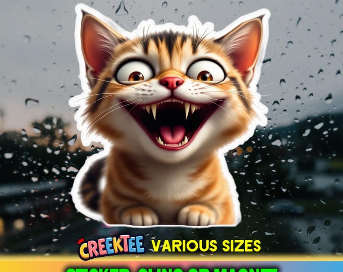 Cute Funny Laughing Cat Bumper Sticker, Magnet, Vinyl Sticker, Window Cling, UV Laminate, laptop, water bottle