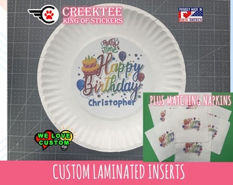 Happy Birthday 10x, 20x + Paper Plates Laminated Inserts + Matching Napkins Or Customize With Your Graphics and Text, optional plates incl.