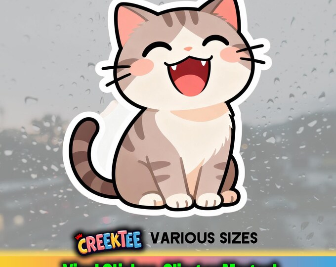 Laughing Cat Vinyl Sticker, Window Cling or Magnet in UV Laminate Coating
