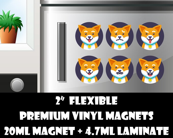 6 2inch cat emoji fridge magnets or stickers standard, photo or vinyl print materials with laminate or magnet options available.