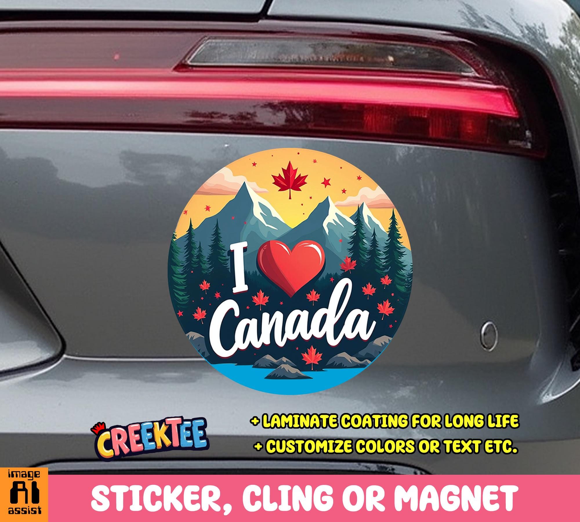 I Love Canada Bumper Sticker, Magnet, Vinyl Sticker or Window Cling, UV Laminate Coating, laptop, water bottle