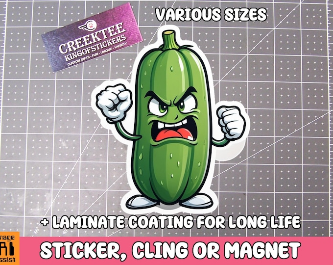 Angry Cucumber Sticker, Magnet or Window Cling in Various Sizes