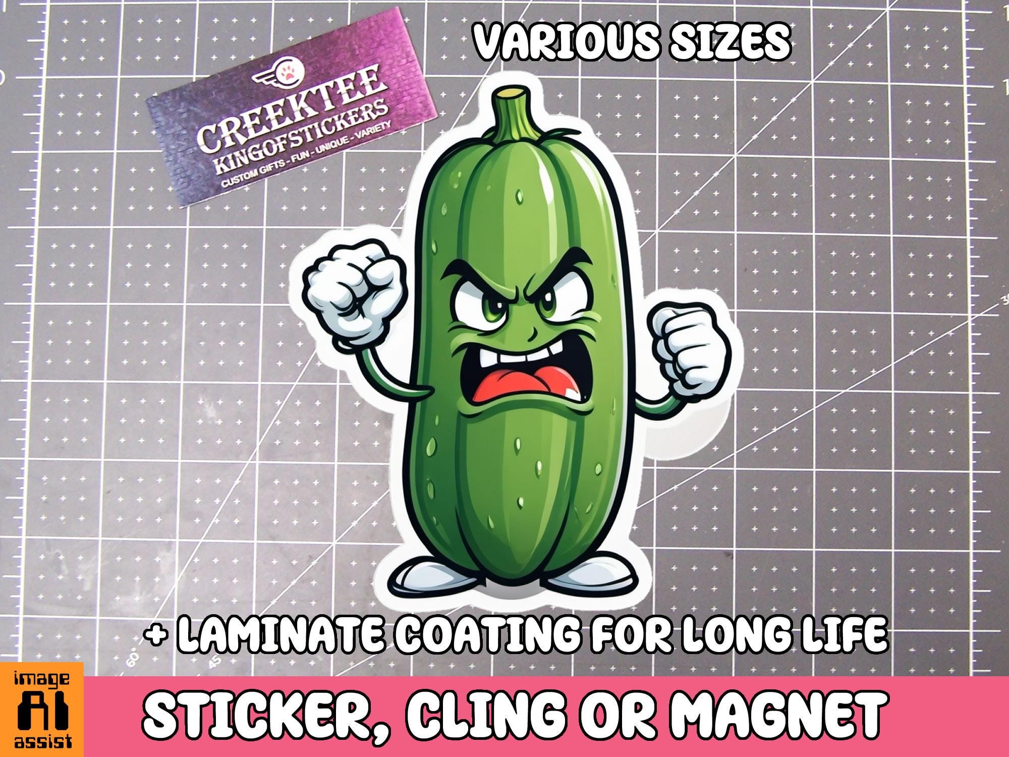 Angry Cucumber Sticker, Magnet or Window Cling in Various Sizes