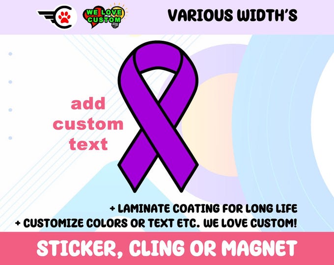Cancer Ribbon Purple Vinyl Bumper Sticker, Window Cling or Bumper Sticker Magnet in UV Laminate Coating discounted multi qty available.