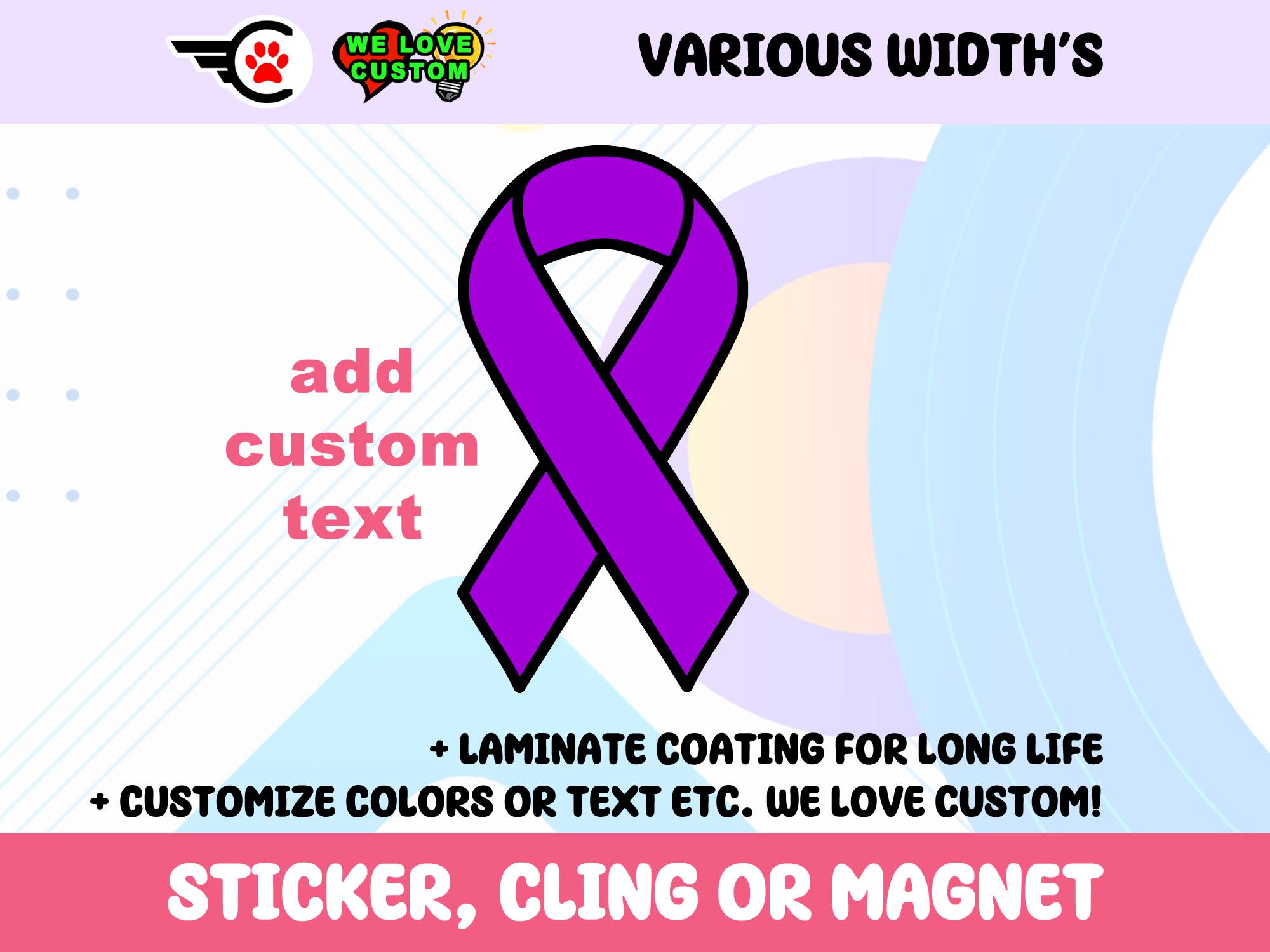 Cancer Ribbon Purple Vinyl Bumper Sticker, Window Cling or Bumper Sticker Magnet in UV Laminate Coating discounted multi qty available.