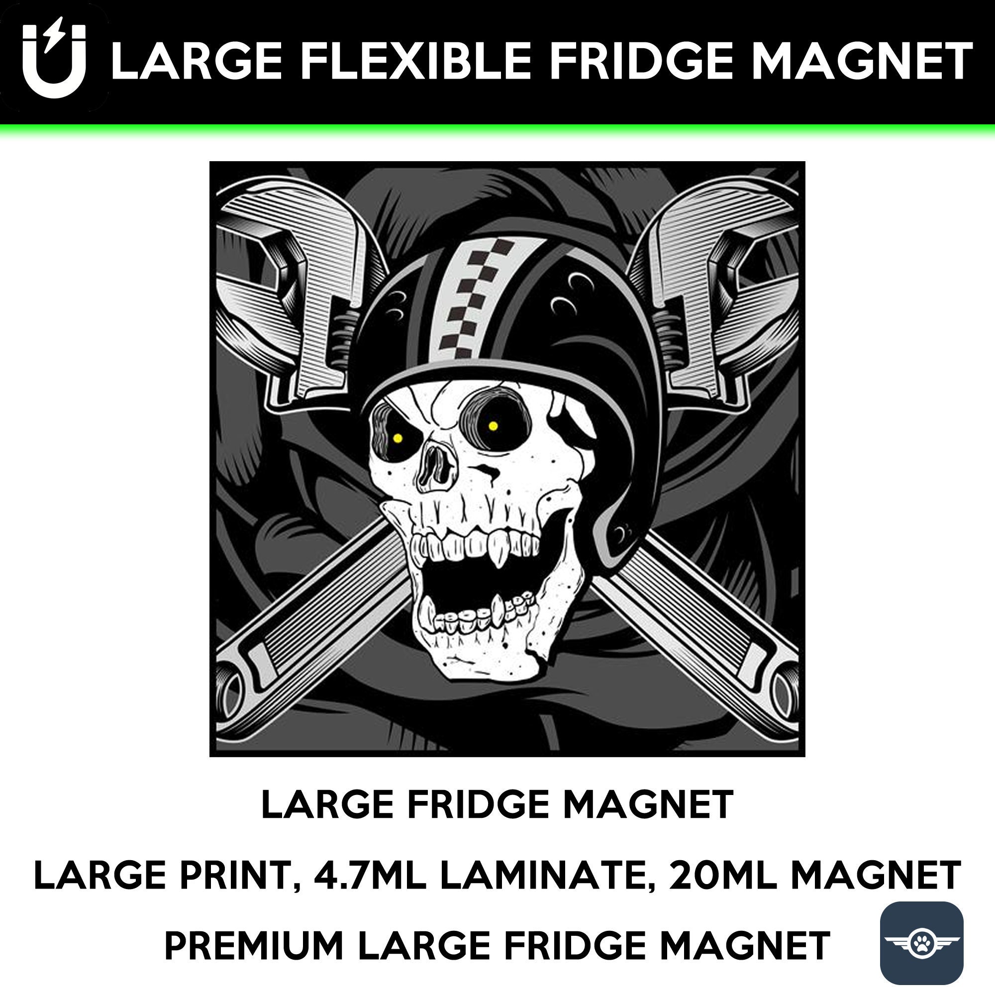 Skull and Wrenches large fridge magnet, large 6 1/2 x 6 1/2 inch premium fridge magnet that stands out. Skull and Wrenches large fridge magnet, large 6 1/2 x 6 1/2 inch premium fridge magnet that stands out.