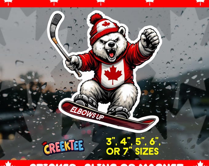 Elbows Up Canada Angry Polar Bear on Snowboard Bumper Sticker, Magnet, Vinyl Sticker, Window Cling, UV Laminate, laptop, water bottle