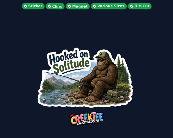 Bigfoot, Sasquatch Fishing Vinyl Sticker, Window Cling or Magnet in UV Laminate Coating
