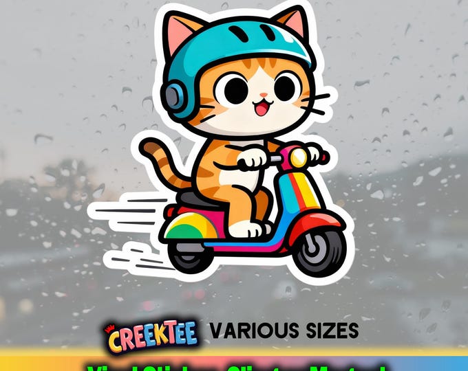 Funny Cat on Scooter Vinyl Sticker, Cling or Magnet