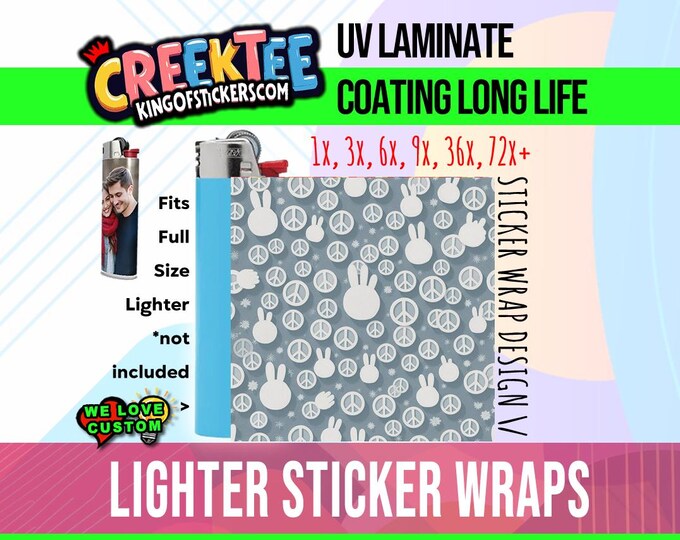Peace Design 3x Lighter Sticker Wraps, OR your photo, text, or images,  bundles available, with laminate coating. 3x, 6x, 9x, 18x, 36+