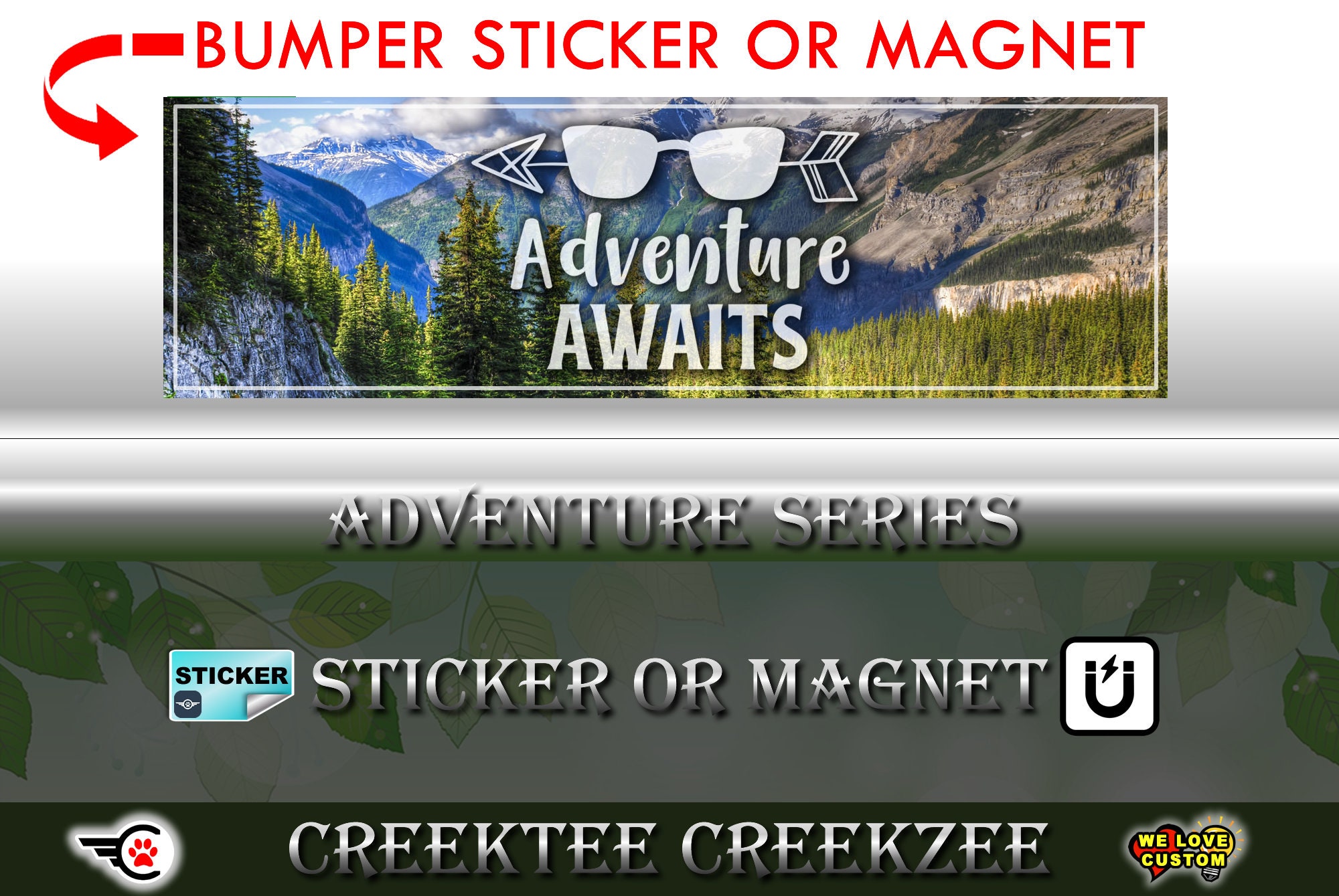 Adventure Awaits Scenic Bumper Sticker or Magnet sizes 4