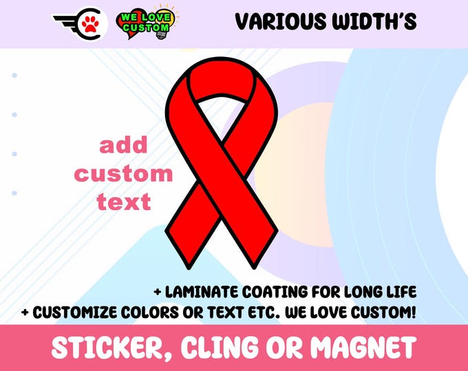 Cancer Ribbon Red Vinyl Bumper Sticker, Window Cling or Bumper Sticker Magnet in UV Laminate Coating discounted multi qty available.