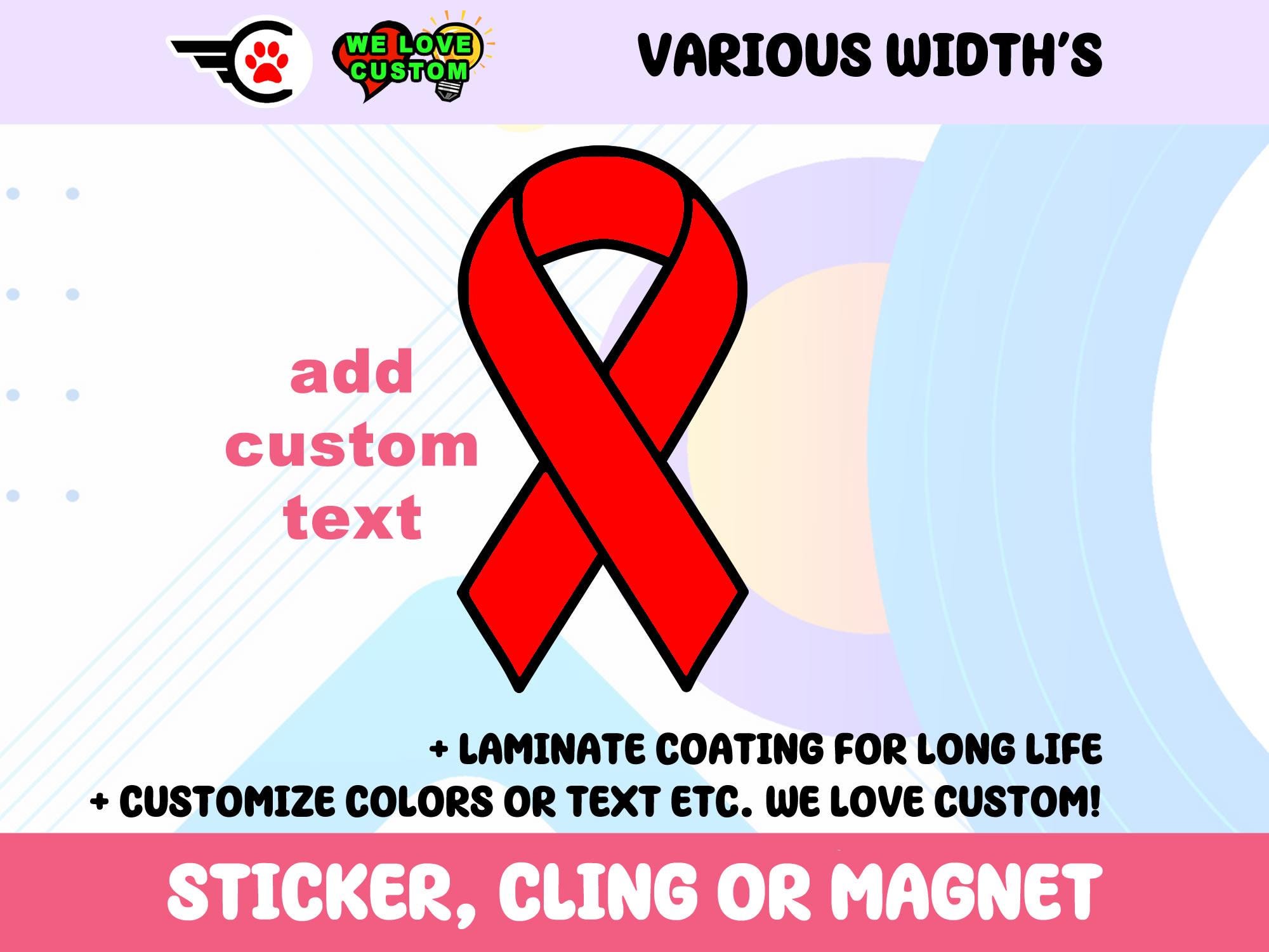 Cancer Ribbon Red Vinyl Bumper Sticker, Window Cling or Bumper Sticker Magnet in UV Laminate Coating discounted multi qty available.