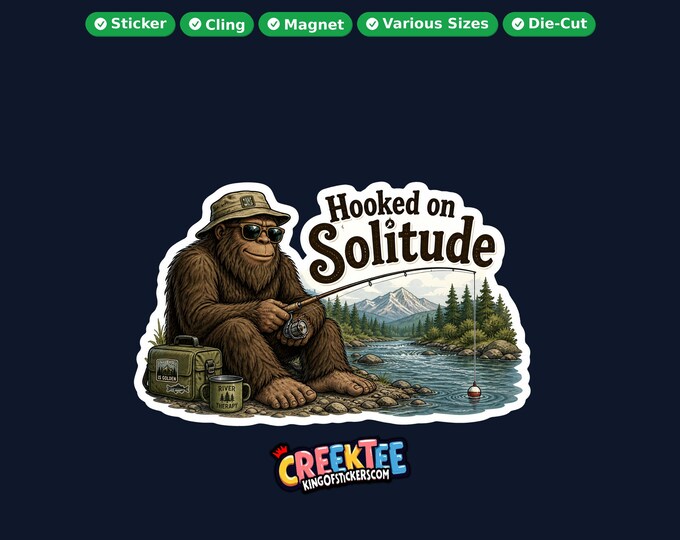 Bigfoot, Sasquatch Fishing Vinyl Sticker, Window Cling or Magnet in UV Laminate Coating