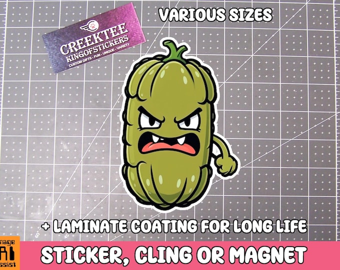 Angry Pickle Sticker, Magnet or Window Cling in Various Sizes