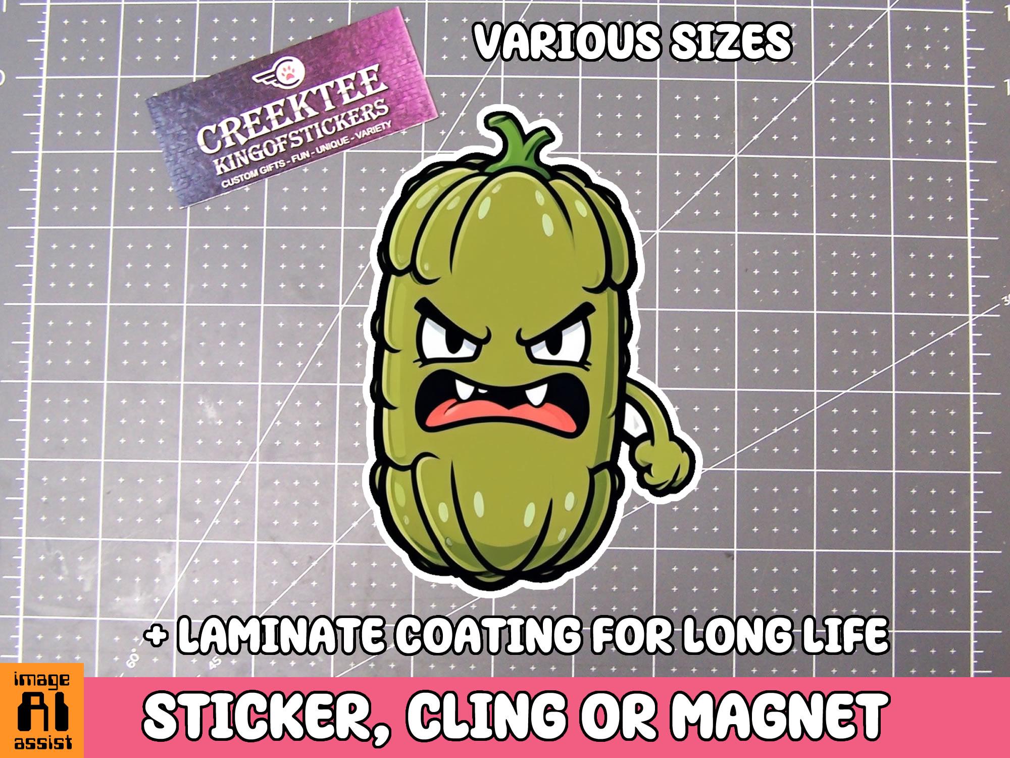 Angry Pickle Sticker, Magnet or Window Cling in Various Sizes