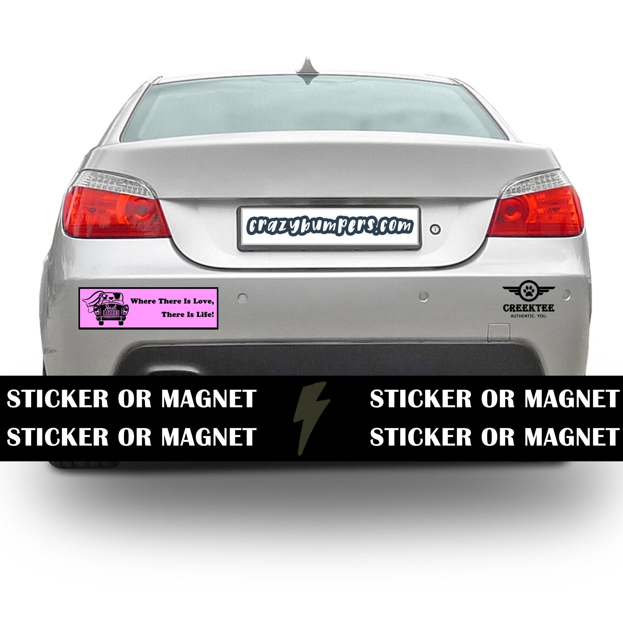 Just Married Bumper Sticker 10 x 3 Bumper Sticker or Magnetic Bumper Sticker Available - Custom changes and orders welcomed! Just Married Bumper Sticker 10 x 3 Bumper Sticker or Magnetic Bumper Sticker Available - Custom changes and orders welcomed!