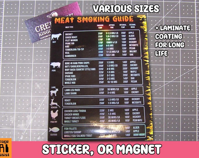 Holographic Meat Smoking Guide Magnet or Sticker in Laminate Coating, Various Heights...