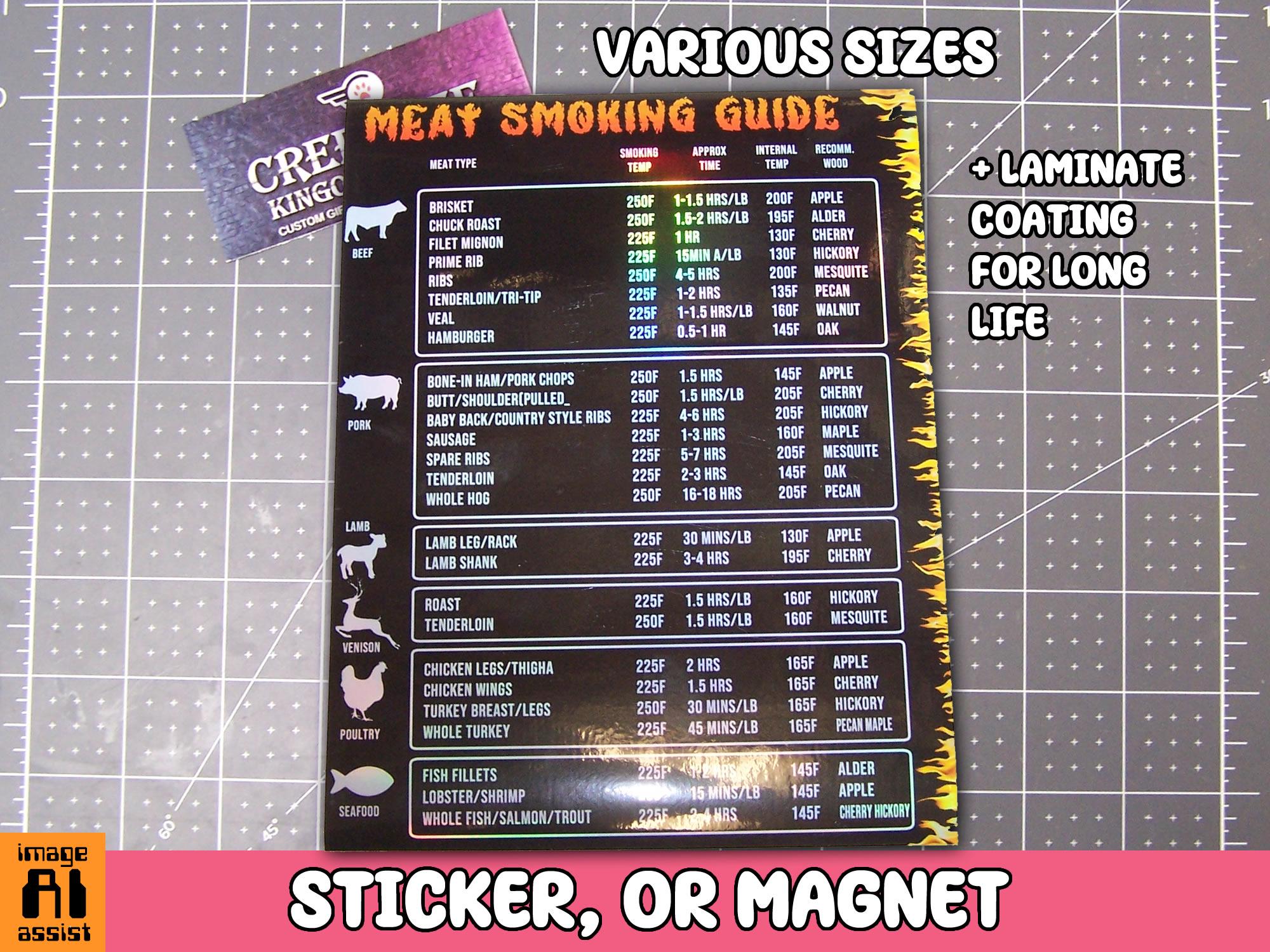 Holographic Meat Smoking Guide Magnet or Sticker in Laminate Coating, Various Heights...