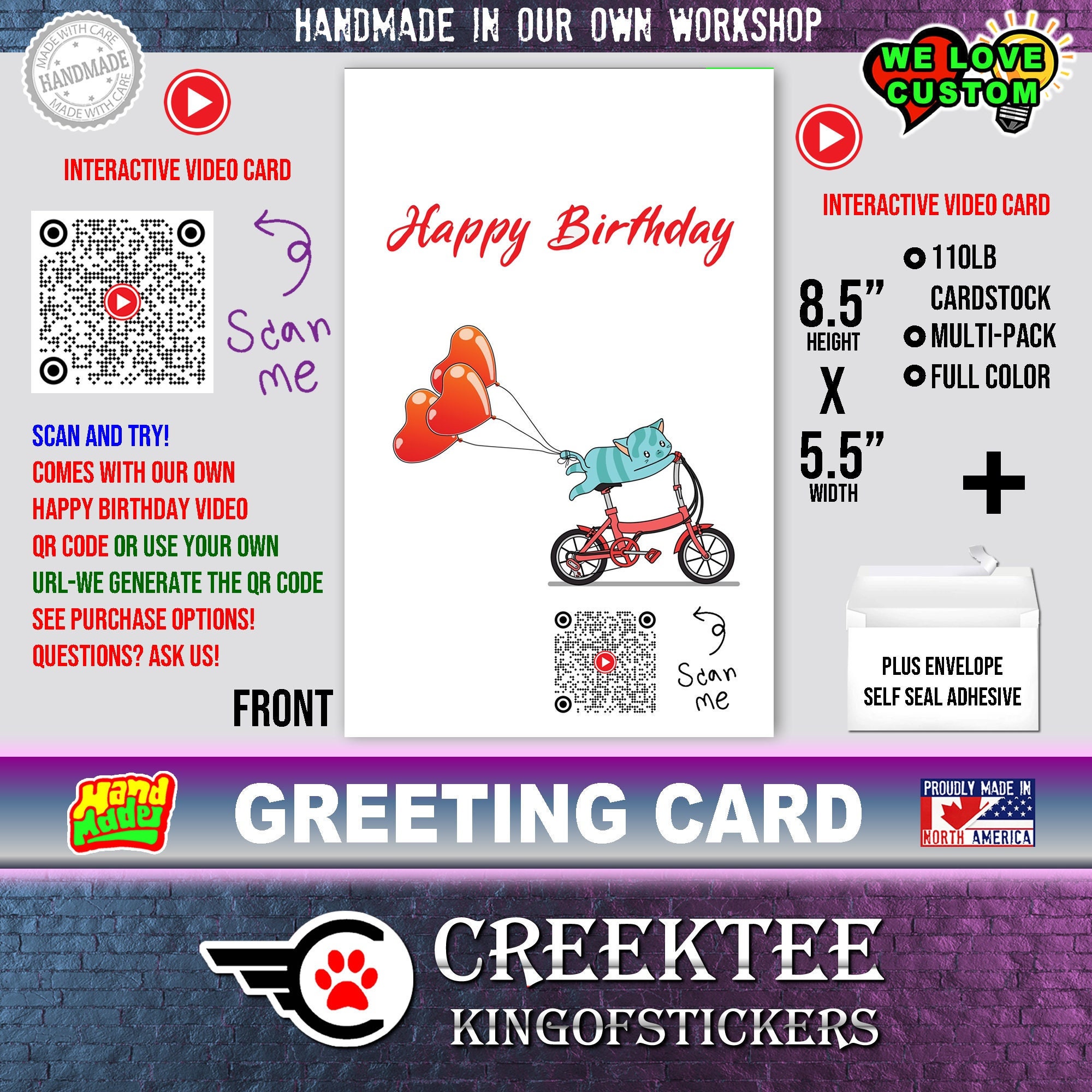 Happy Birthday Video Greeting Card 8.5 inch high x 5.5 inch wide 110lb cardstock hand made full color print. Customizable.