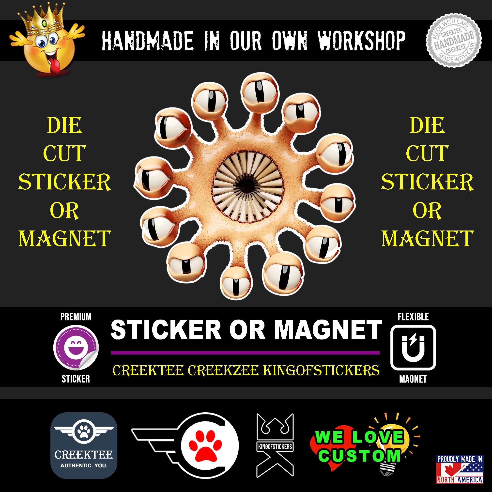 MULTI-One Eyed Monster Smiling Die-Cut sticker or magnet in various widths, 3