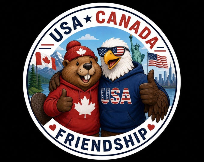 USA Canada Friendship Bumper Sticker, Magnet, Vinyl Sticker or Window Cling, UV Laminate Coating, laptop, water bottle
