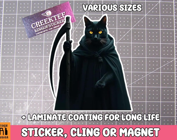 Grim Reaper Cat with Knife Vinyl Sticker, Window Cling or Magnet in UV Laminate Coating