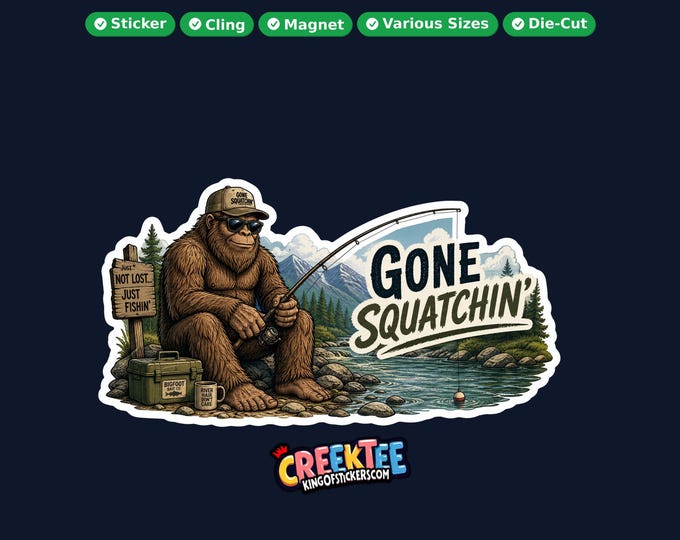 Bigfoot, Sasquatch Fishing Vinyl Sticker, Window Cling or Magnet in UV Laminate Coating
