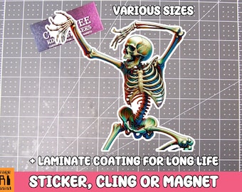 Skelett Sticker Tanzendes Skelett Magnet, Tanzender Skelett Vinyl Aufkleber, Magnet oder Cling in Verschiedenen Größen, Schädel Zeichnung, Laptop Aufkleber