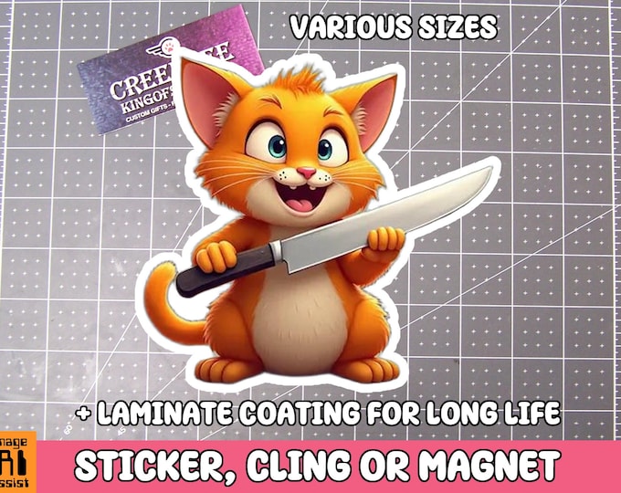 Cute Cat with Knife Vinyl Sticker, Window Cling or Magnet in UV Laminate Coating