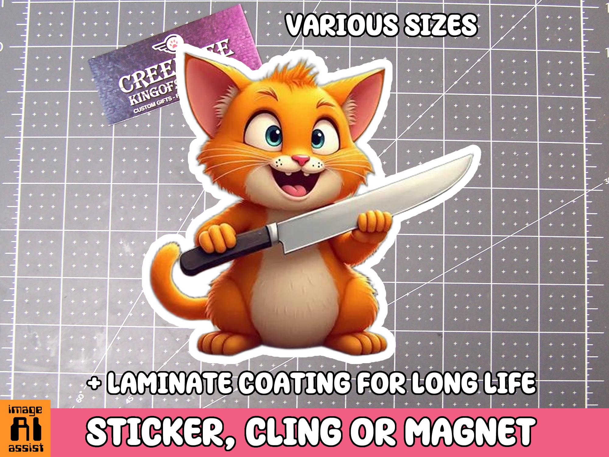 Cute Cat with Knife Vinyl Sticker, Window Cling or Magnet in UV Laminate Coating