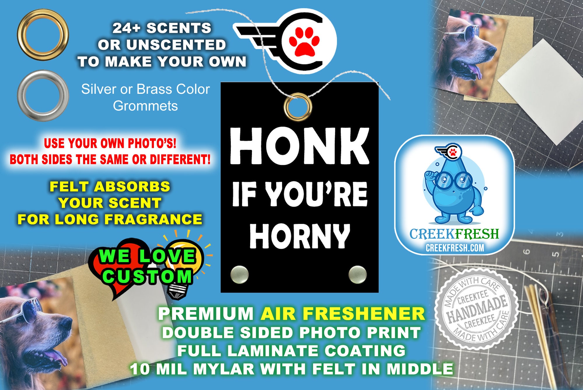 Honk If You're Horny - Premium Air Freshener Color Photo Print with Felt middle for fragrance absorption -Scented or un-Scented - Dbl Sided