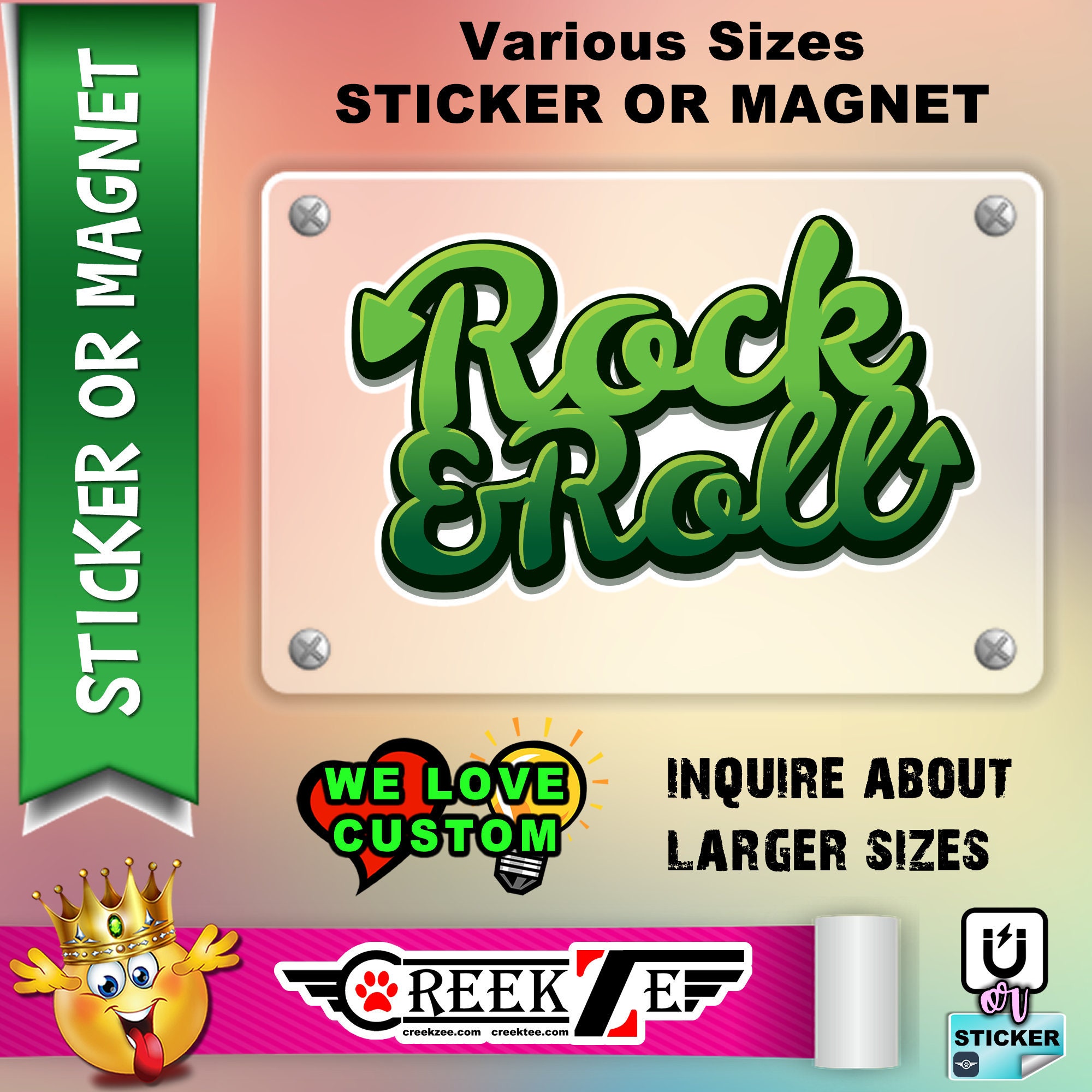 Rock & Roll Vinyl Sticker or Magnet, Vinyl Sticker, Laminate, UV Laminate and Magnet options up to 9