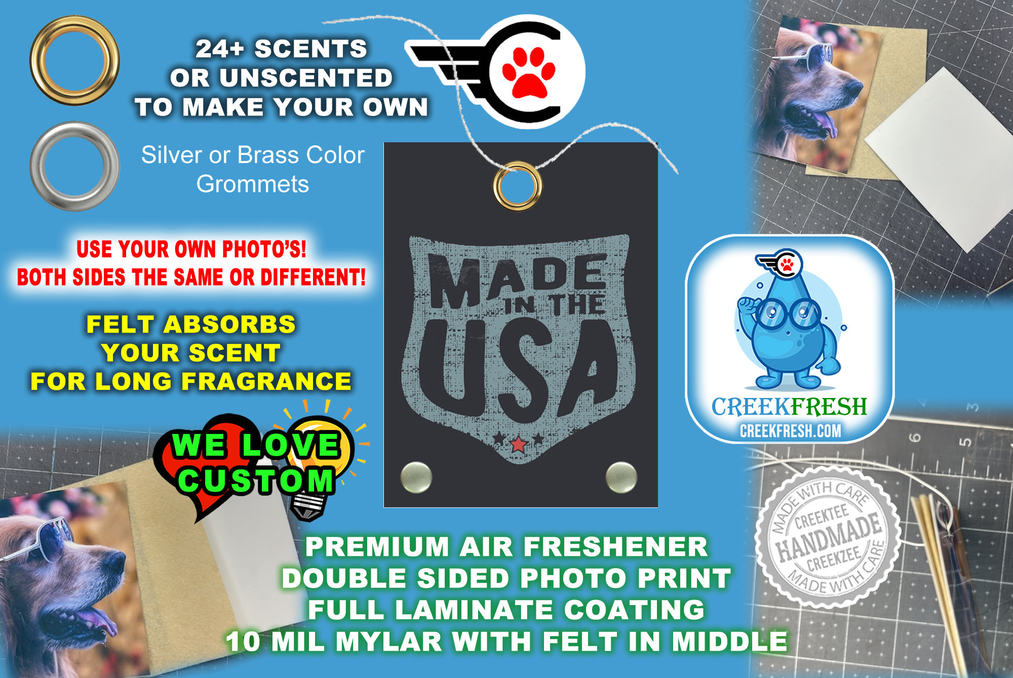 Made In The USA - Premium Car Air Freshener Color Print +Felt middle fragrance absorption. Scent or Non-Scent. Both Sides.