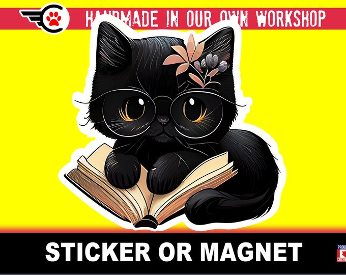 Cute black cat reading, Die-Cut sticker or magnet in various sizes , 3" to 7" coated with UV Laminate Premium Sticker or Magnet
