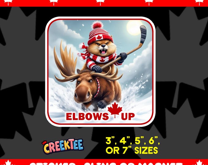 Elbows Up! Canadian Angry Beaver On Angry Moose Bumper Sticker, Magnet, Vinyl Sticker or Window Cling, UV Laminate, laptop, water bottle