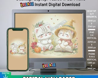 Desktop Wallpaper, Cute Cats Reading Happy, Phone Wallpaper, iPhone/iPad/Tablet Background, Digital JPG Download | DW-1002