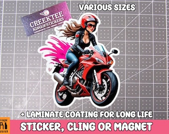Girl Power Riding Bike Vinyl Sticker, Window Cling or Magnet in UV Laminate Coating