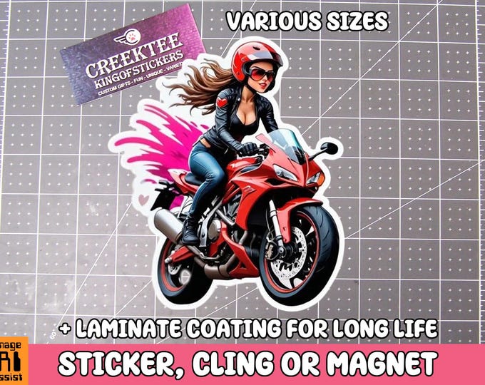 Girl Power Riding Bike Vinyl Sticker, Window Cling or Magnet in UV Laminate Coating