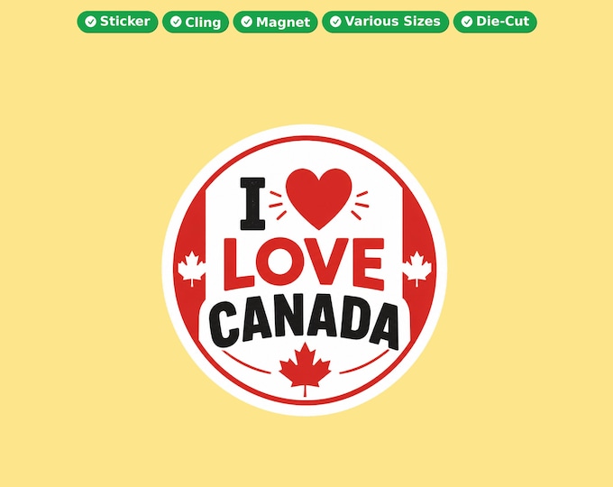 I Love Canada Round Bumper Sticker, Magnet, Vinyl Sticker or Window Cling, UV Laminate Coating, laptop, water bottle