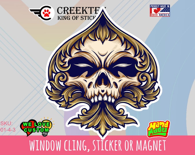 Ace Skull Playing Card Design Vinyl sticker , window cling or magnet in various sizes from 3" to 7" with uv laminate protection